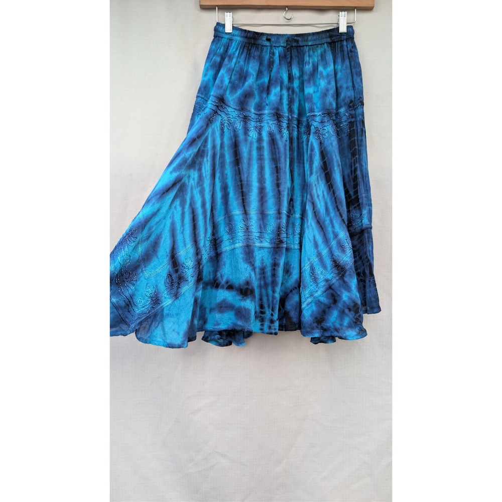 Veronica Apparels Skirt Womens OS Blue Tie Dye Embroidered Tiered Rayon Maxi